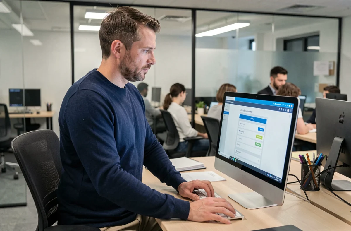 Homme connecté à un portail sécurisé sur ordinateur de bureau dans un espace de coworking professionnel
