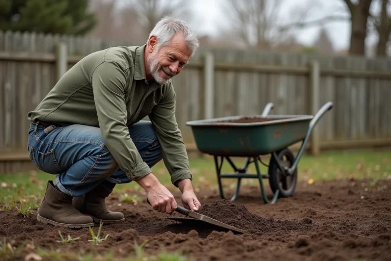 Jardinier amateur étalant un amendement organique sur un sol nu pour préparer une pelouse parfaite