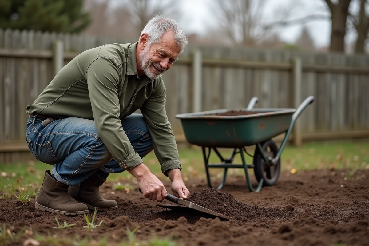 Jardinier amateur étalant un amendement organique sur un sol nu pour préparer une pelouse parfaite