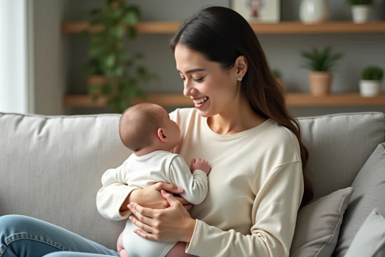 Mère tenant son bébé qui cambre le dos sur un canapé gris dans un salon moderne