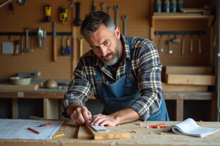Homme bricoleur mesurant une planche en bois dans un atelier de garage à domicile avec des outils organisés au mur