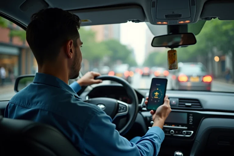 Chauffeur VTC professionnel au volant d'une berline noire consultant son application de mise en relation sur smartphone