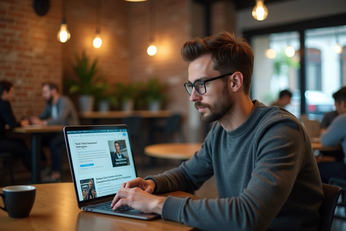 Chauffeur VTC en pause dans un café coworking consultant les dernières tendances et actualités du secteur sur ordinateur portable