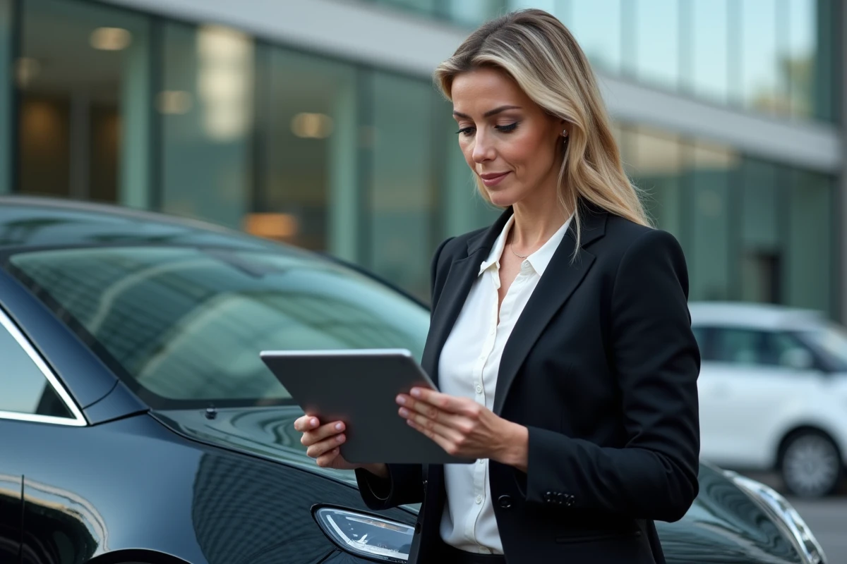 Chauffeuse VTC indépendante debout près d'un véhicule électrique noir consultant ses statistiques sur tablette
