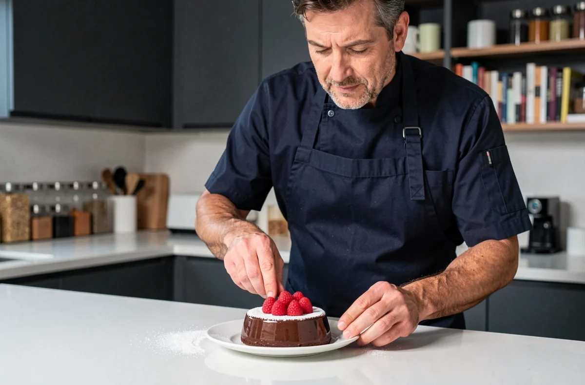Chef dressant un fondant au chocolat avec des framboises fraîches dans une cuisine moderne contemporaine