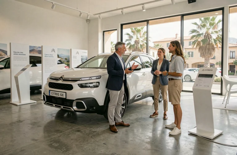 Conseiller commercial Citroën présentant un nouveau modèle à des clients dans une concession moderne sur la Côte d'Azur