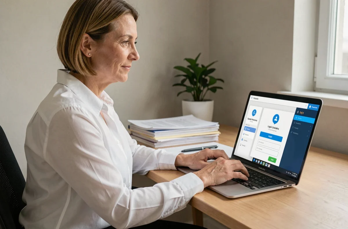 Femme professionnelle se connectant à un espace sécurisé en ligne sur son ordinateur portable depuis un bureau à domicile