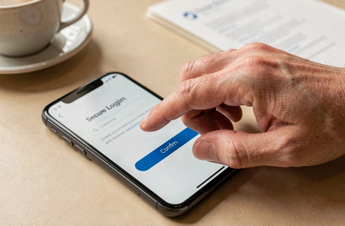 Gros plan d'une main tenant un smartphone affichant une page de connexion sécurisée My Arkevia dans un café