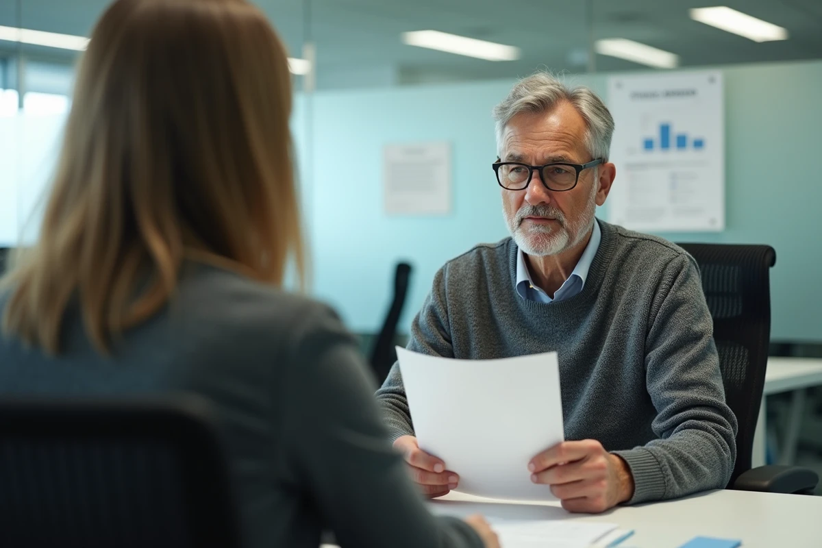 Homme en rendez-vous avec un conseiller emploi pour trouver des solutions après un refus de financement de formation