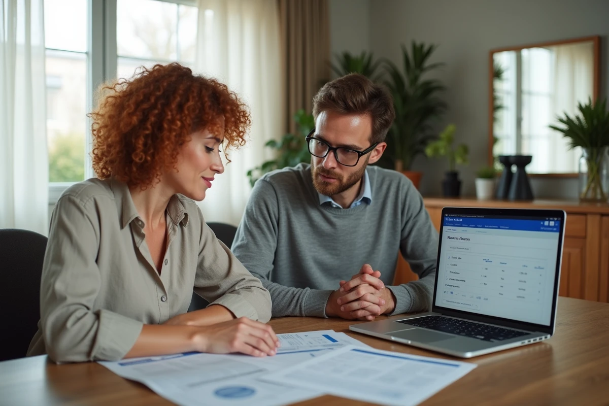 Couple analysant ensemble leurs documents bancaires et relevés pour identifier un prélèvement ADIS