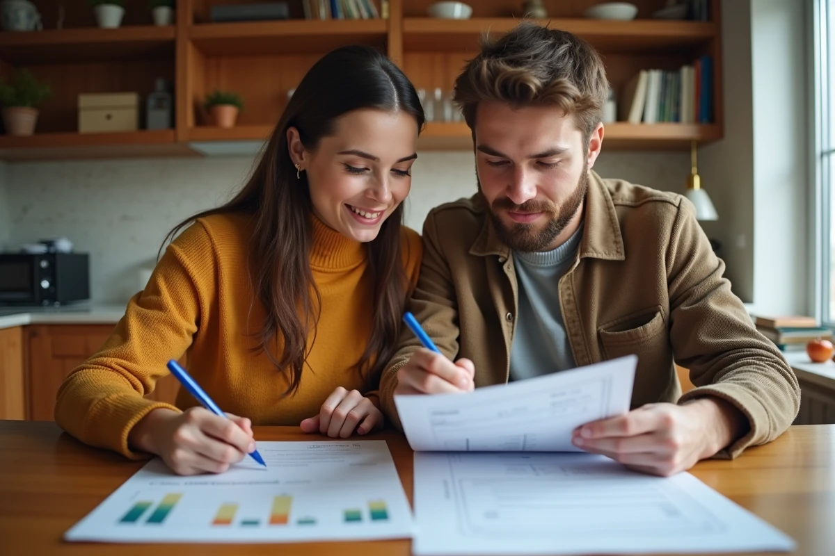 Jeune couple examinant des relevés hypothécaires à la maison