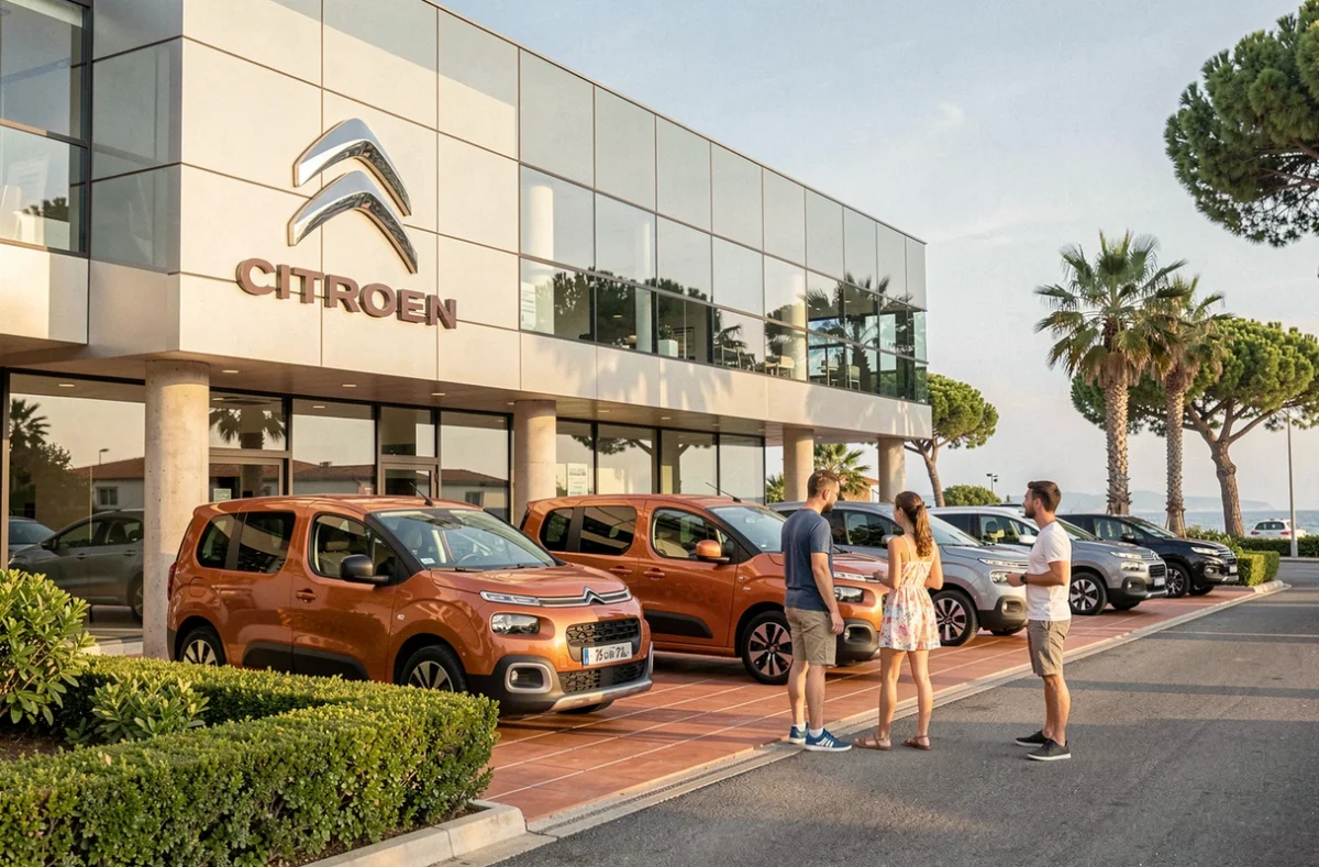 Façade extérieure d'une concession Citroën avec exposition de véhicules neufs en bord de route sur la Côte d'Azur