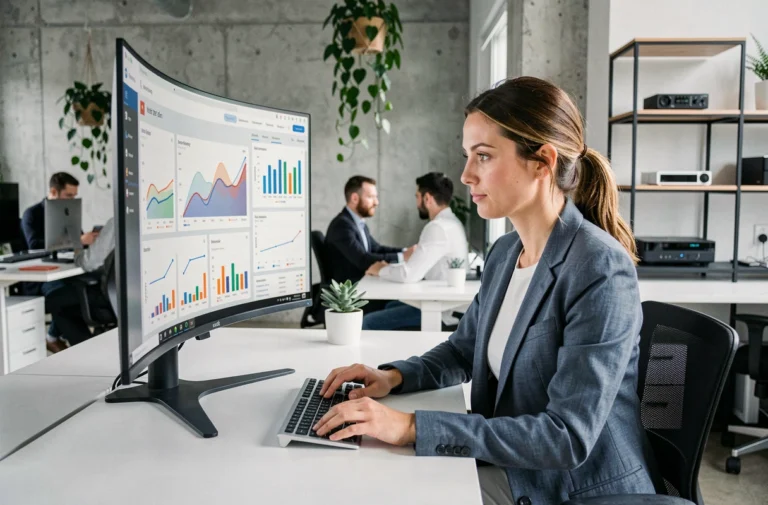 Femme professionnelle analysant des tableaux de bord web et des tendances digitales sur un écran ultrawide dans un bureau moderne en 2024