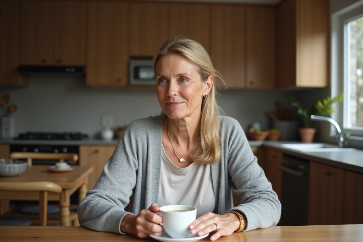 Femme blonde d'une cinquantaine d'années assise à une table en bois avec une tasse de café, évoquant une figure maternelle dans un cadre familial intime