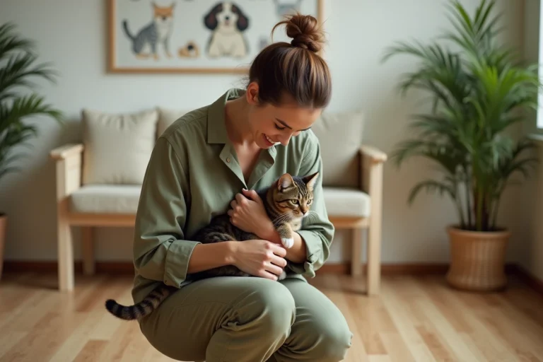 Femme tenant tendrement un chat tigré dans une salle d'attente vétérinaire chaleureuse, illustrant le bien-être animal