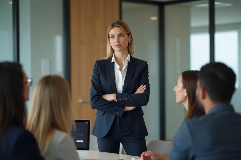 Femme confiante en costume dans un bureau moderne