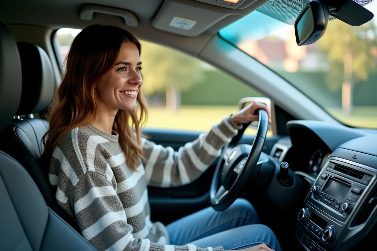 Jeune femme souriante éteignant la radio dans sa voiture