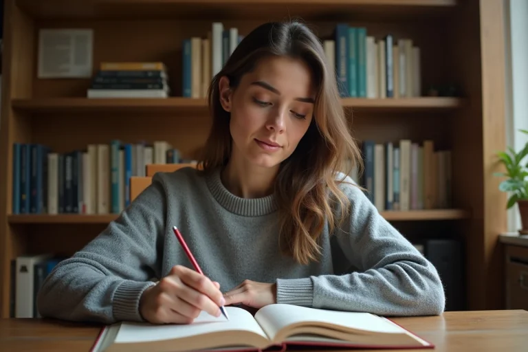 Femme étudiant la grammaire française avec un livre ouvert sur un bureau en bois dans un bureau à domicile