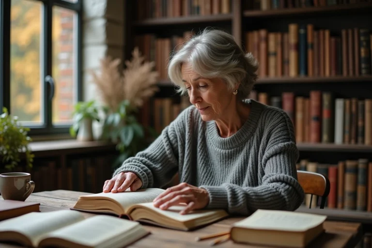 Femme philosophe lisant des ouvrages philosophiques dans une bibliothèque personnelle chaleureuse entourée de livres classiques