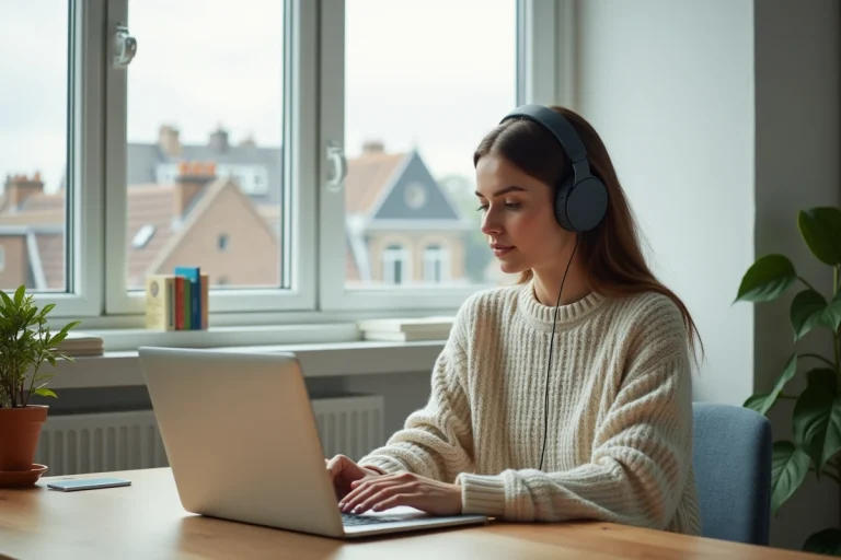 Femme avec casque et ordinateur pour test auditif