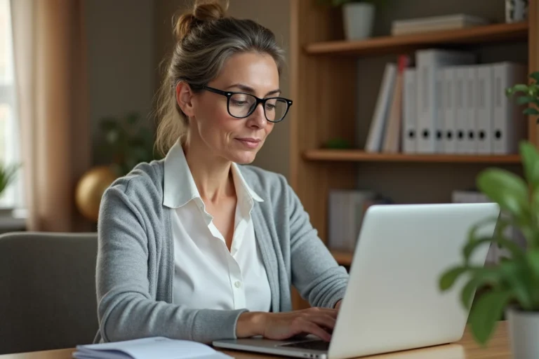 Femme utilisant la plateforme Side Santé sur un ordinateur portable dans un bureau à domicile
