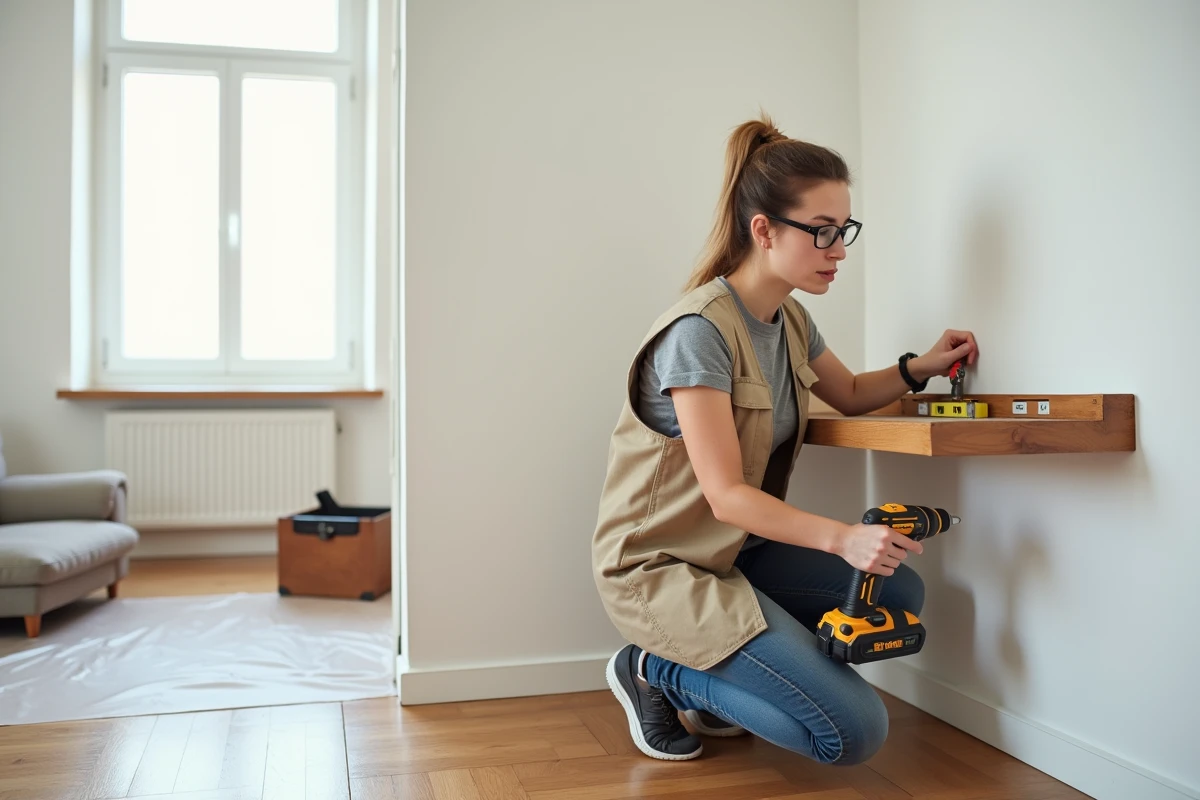 Femme bricolant et installant une étagère flottante en bois dans un salon en cours de rénovation avec une perceuse sans fil