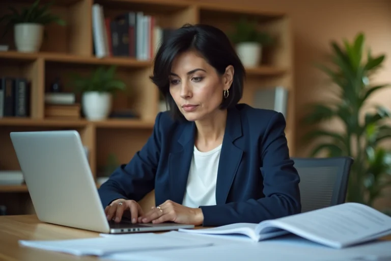Femme consultant des documents administratifs sur son bureau après un refus de financement de formation par Pôle emploi