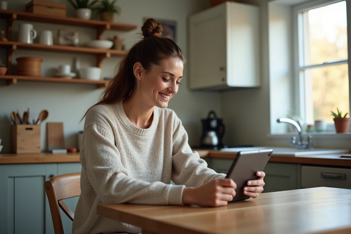 Femme regardant un match de football sur une tablette à la cuisine