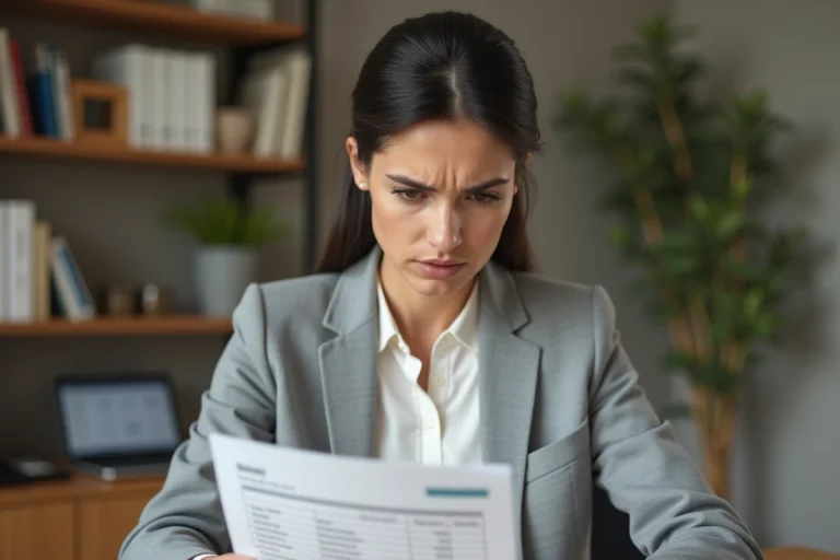 Femme consultant un relevé bancaire à son bureau pour comprendre un prélèvement ADIS
