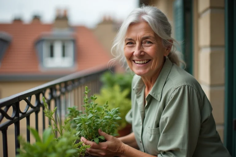 Femme retraitée souriante entretenant ses plantes aromatiques sur un balcon ensoleillé, illustrant un mode de vie actif et épanoui à la retraite