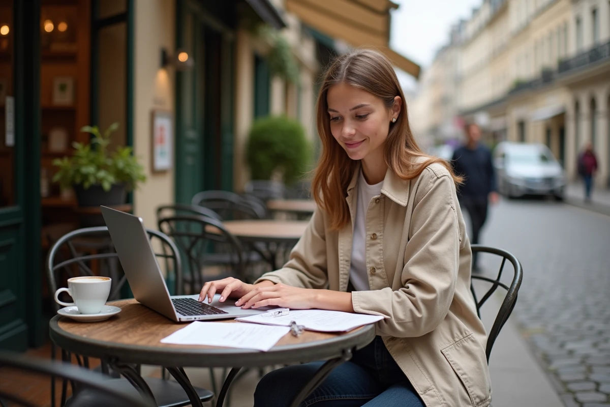 Jeune femme révisant des notes de grammaire française sur un ordinateur portable dans un café parisien en terrasse