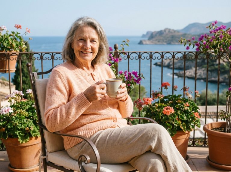 Femme senior souriante avec tasse de thé sur terrasse méditerranéenne