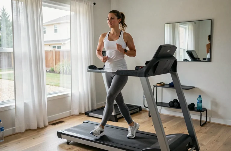 Femme en tenue de sport courant sur un tapis de course dans une salle de sport à domicile moderne