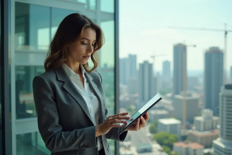 Femme d'affaires regardant des plans sur tablette en ville