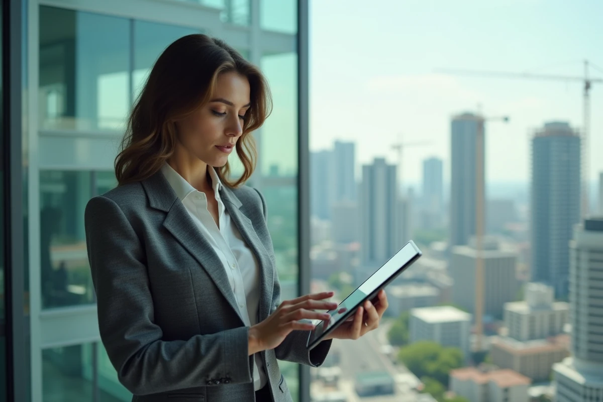 Femme d'affaires regardant des plans sur tablette en ville