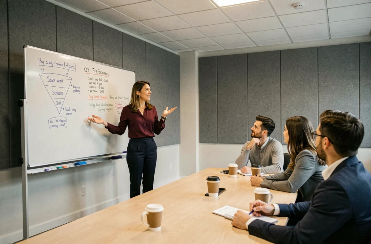 Formatrice en vente expliquant la règle des 4x20 à une équipe commerciale lors d'un atelier de formation en entreprise