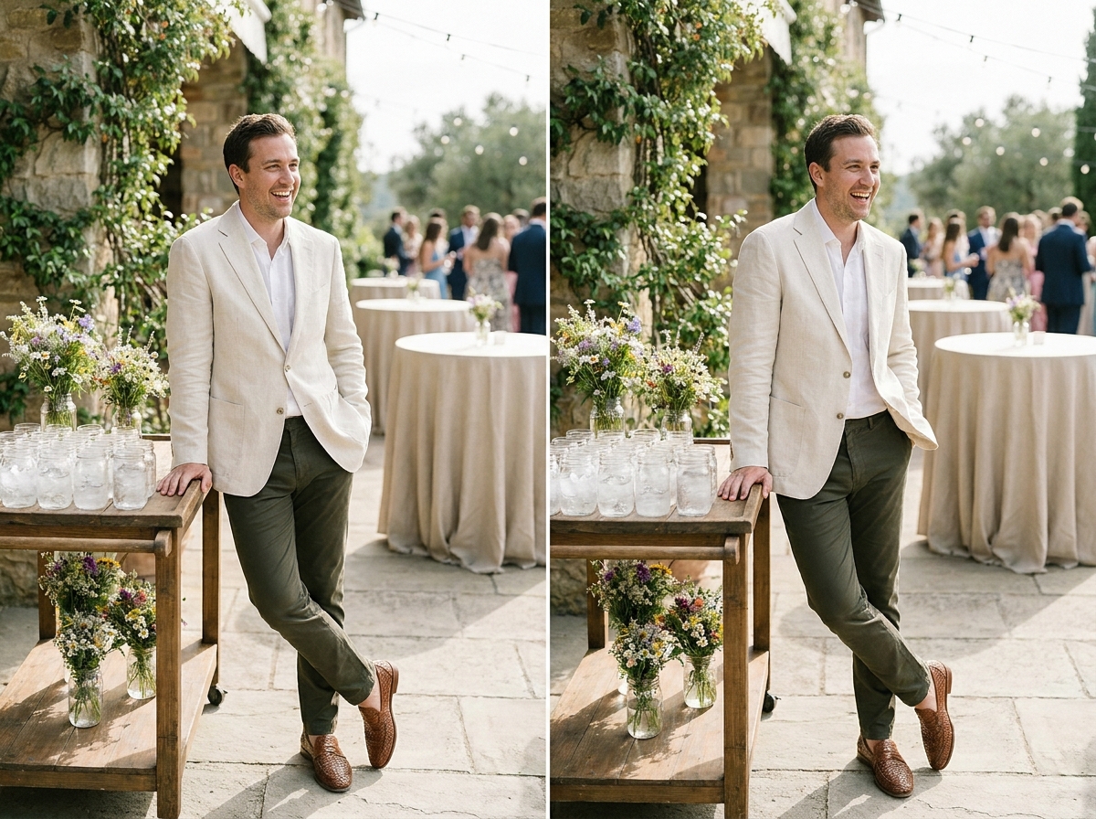 Garçon d'honneur en veste lin écru et chino olive lors d'un cocktail de mariage champêtre en terrasse
