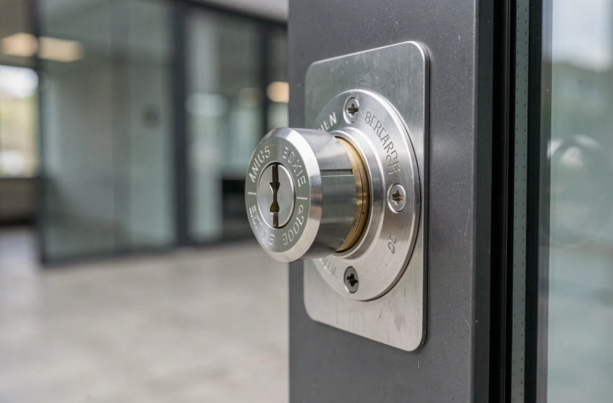 Gros plan d'un cylindre de serrure haute sécurité avec plaque anti-perçage sur encadrement aluminium