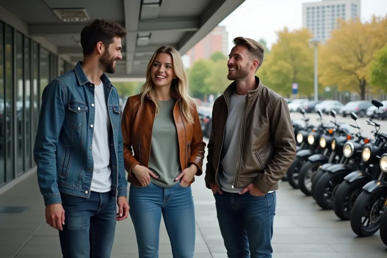 Groupe d'amis regardant des motos neuves en concession