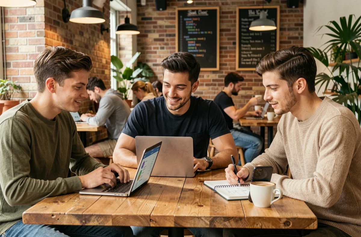 Groupe de jeunes professionnels collaborant autour d'outils numériques et de tendances web dans un espace de coworking moderne