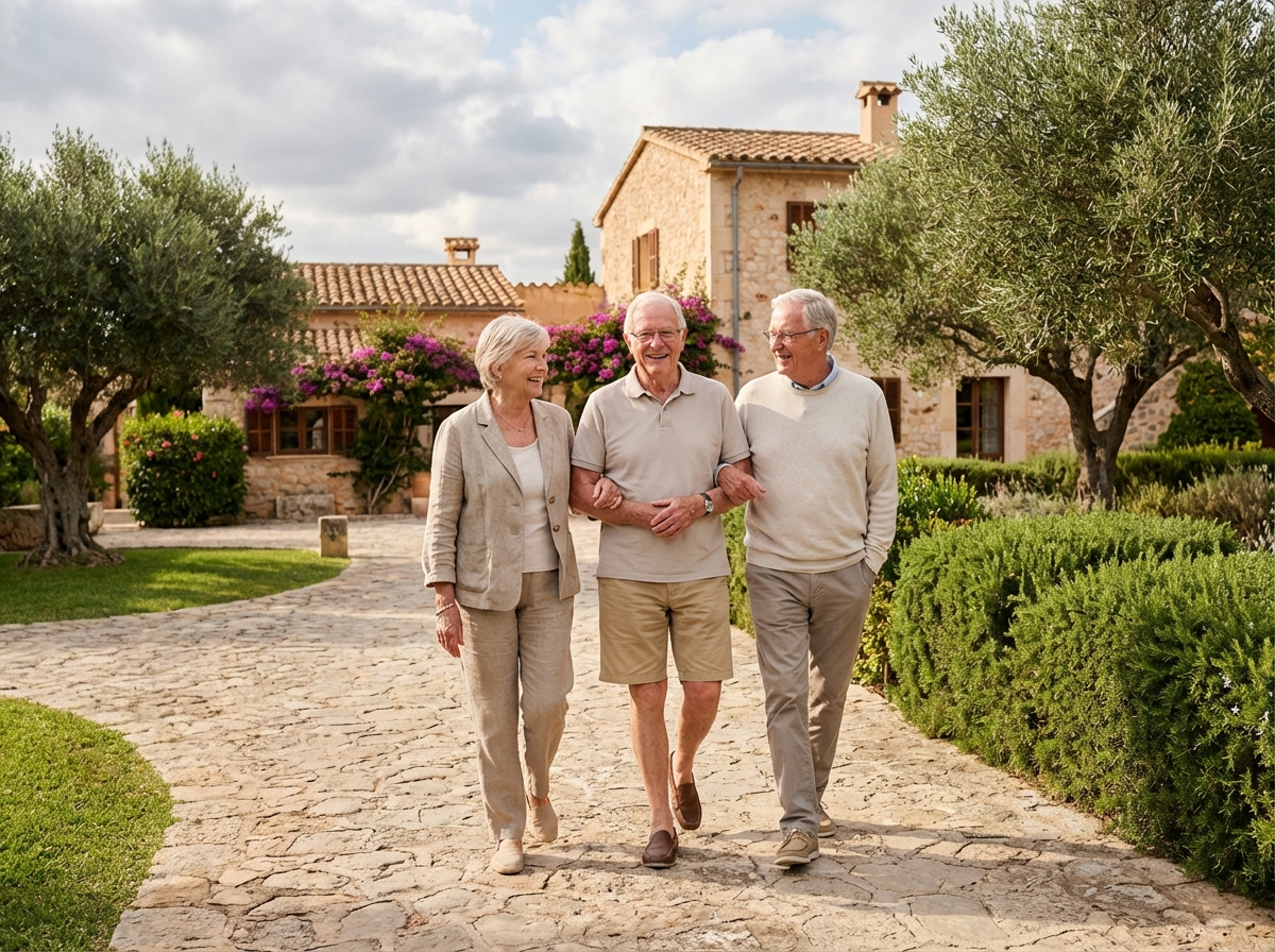 Groupe de seniors marchant dans un jardin en résidence