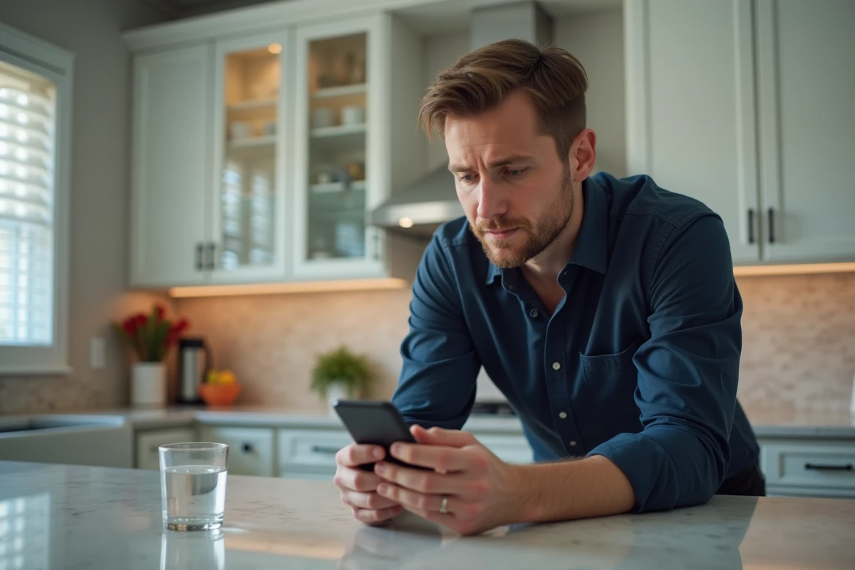 Homme consultant son application bancaire sur smartphone pour vérifier un prélèvement inconnu