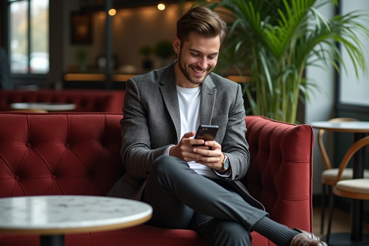 Homme en blazer à carreaux dans un café tendance