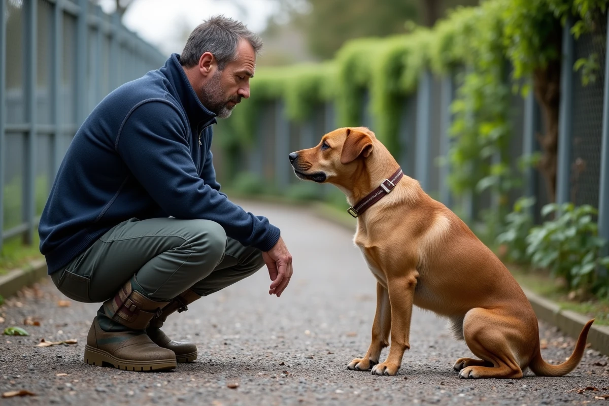 Homme interagissant avec un chien dans un refuge animalier, symbolisant l'adoption et le soin apporté aux animaux rescapés