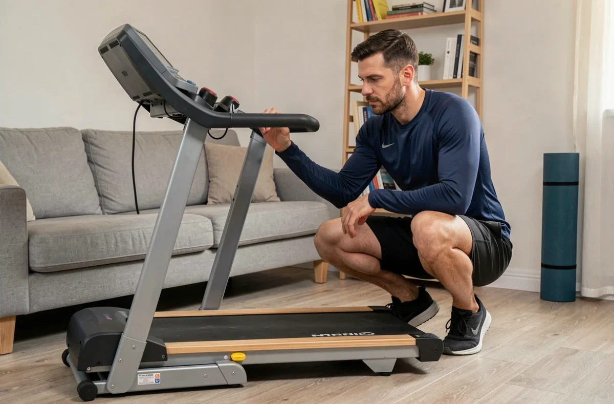 Homme examinant attentivement un tapis de course pliant dans un appartement avant achat