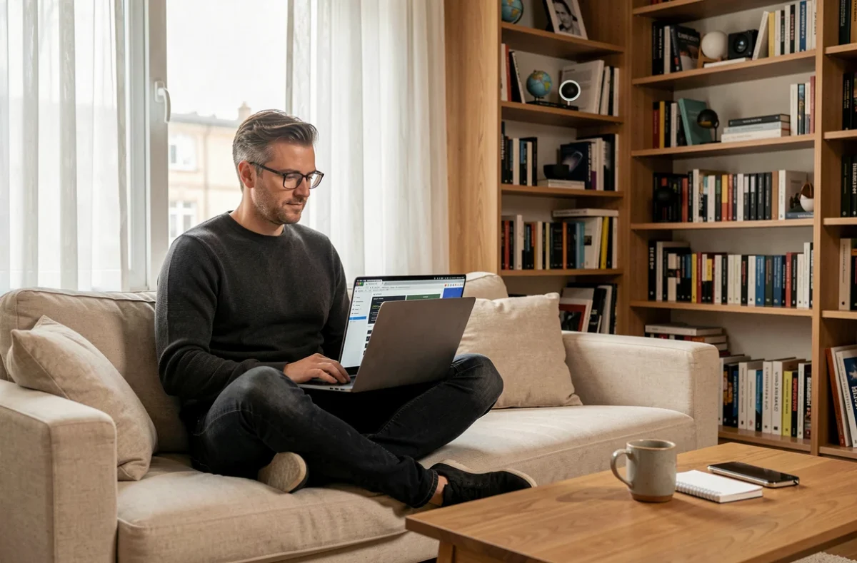 Homme consultant des outils internet et tendances numériques sur un laptop dans un bureau à domicile aménagé avec style