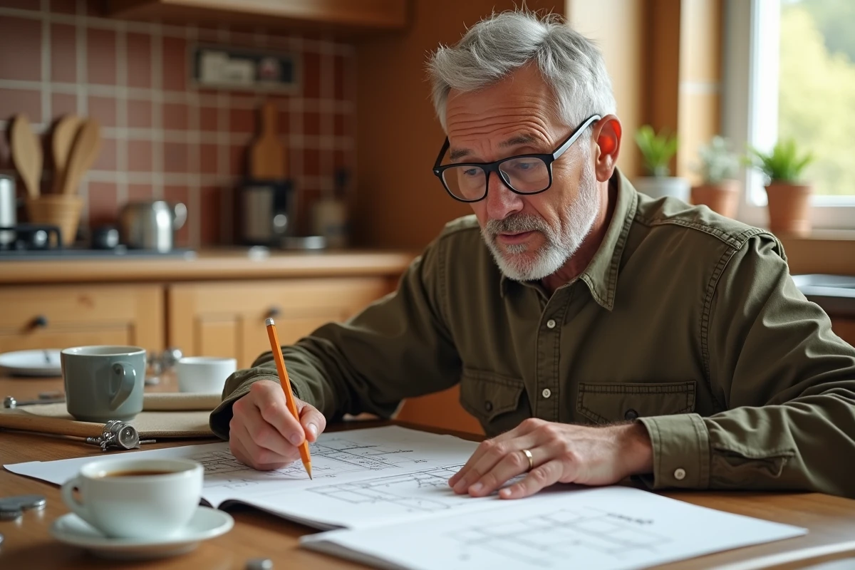 Homme senior planifiant un projet de bricolage à domicile avec des croquis et un livre de rénovation sur une table de cuisine
