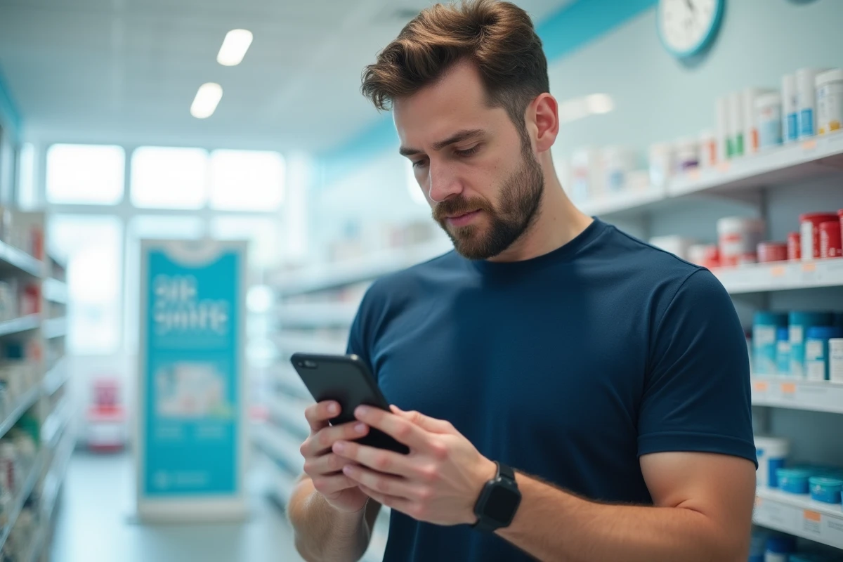 Homme consultant la plateforme Side Santé sur smartphone dans une salle d'attente de pharmacie