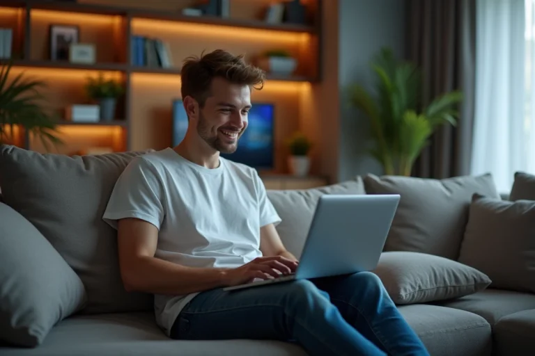 Jeune homme regardant un match de sport en streaming dans un salon