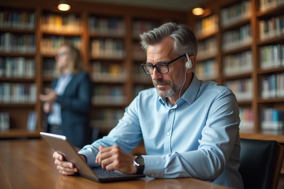 Homme concentré avec tablette dans une bibliothèque